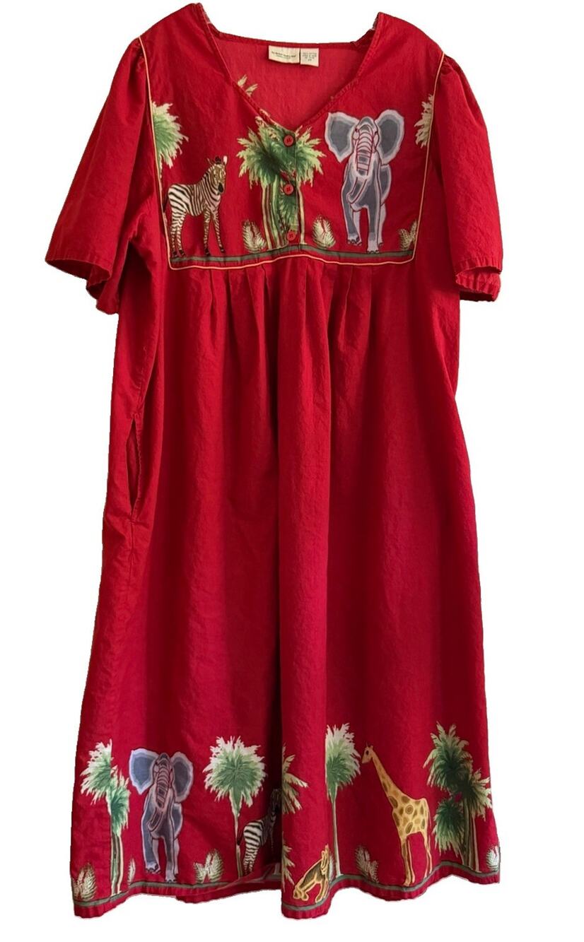 Vermont Country Store Dress 2X Red Safari Elephant Giraffe Cotton Maxi Pockets